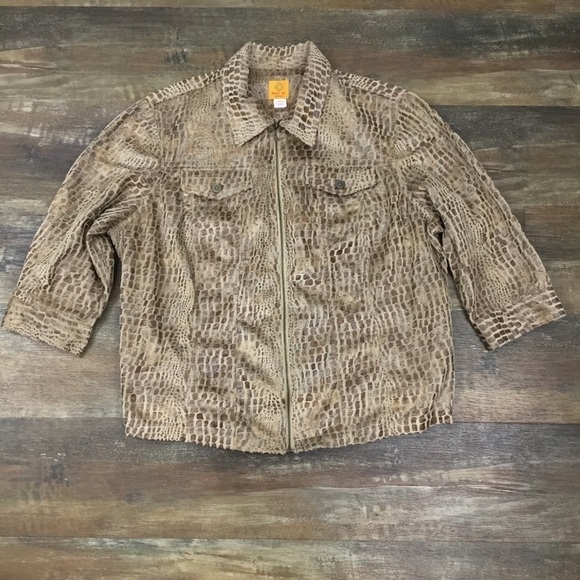 RUBY Rd. | Brown Faux Fur Crocodile Print Zipper Front Casual Jacket - Picture 1 of 4